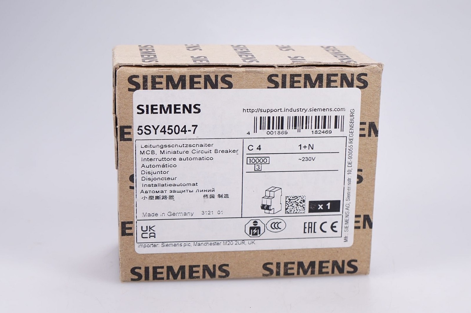 SIEMENS 5SY4504-7 Circuit Breaker 230V 10kA, 1+N-Pol, C, 4A OVP NEW