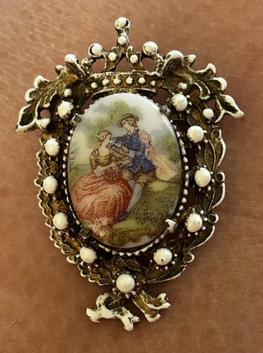 Vintage Florenza Porcelain Scene Brooch Victorian Revival 2”