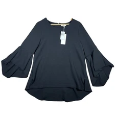 NWT Pleione Black Bell Sleeve Tunic Top Women's Size L Round Neck Elegant Dressy