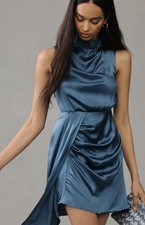 Anthropologie Mock-Neck Draped Silk Open Back Dress Slate Size 10