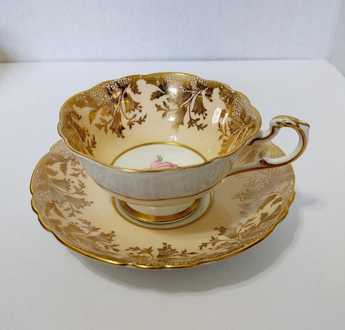Taza de té y platillo centro repollo rosa rosa blanco centro dorado dorado - Imagen 2 de 10
