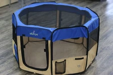 Zampa Pet Playpen Foldable Portable Dog/Cat Kennel XLarge 32x23x23 Blue & Brown
