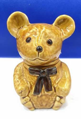 Kleine Teddy Glas Topf Honig Marmelade 5" Keramik Made in Devon Braun Fliege Bär