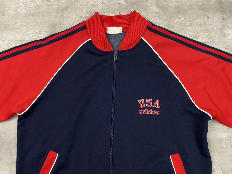 Chaqueta deportiva vintage años 80 ADIDAS EE. UU. Team M mediana roja blanca azul 3 rayas RARA Foto 2 de 4