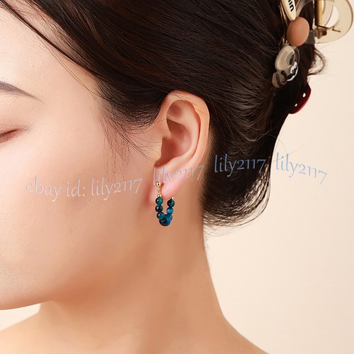 4-6mm Natural Blue Tiger's Eye Round Gemstone Beads Dangle Stud Hoop Earrings - Picture 3 of 6