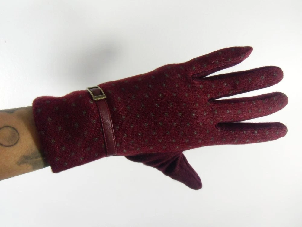 Bordeaux Winter Gloves Women Wool Warm Polka Dot Faux Finish Retro Vintage Pinup