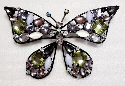 Joan Rivers Signed Multicolor Opaque Crystal Butterfly Brooch Black Metal B165 - Picture 1 of 9
