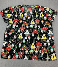 Serene Uniforms Christmas Gnomes Scrub Top womens Size XL Black V-neck Pockets