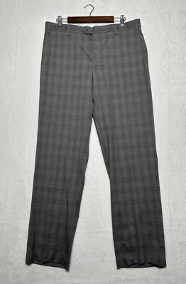 Zanella Devon Mens Gray Check Flat Front Wool Dress Pants 38 Stretch