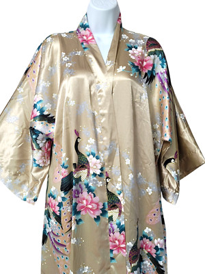 Womens Kimono Robe Gold Peacock Flowers Satin Maxi 3/4 Sleeve