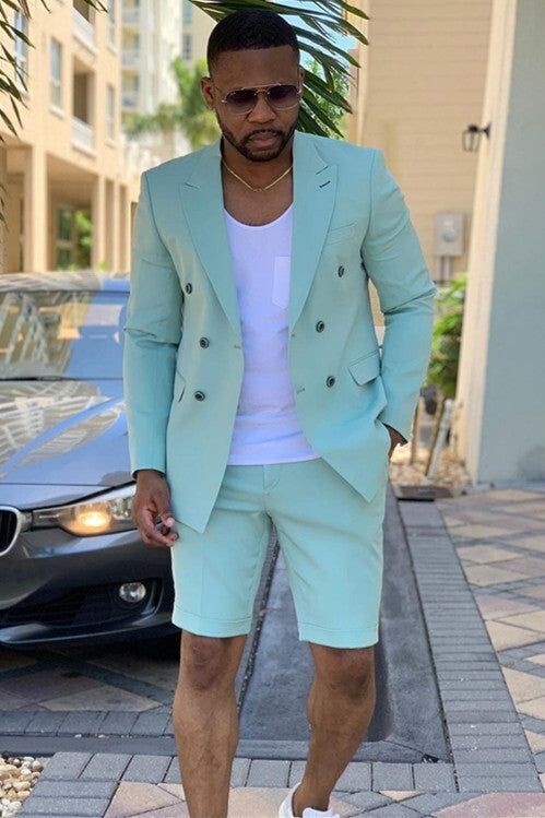 Beach Wedding Suit Mens Blazer And Shorts Set Men Linen Suit Blue