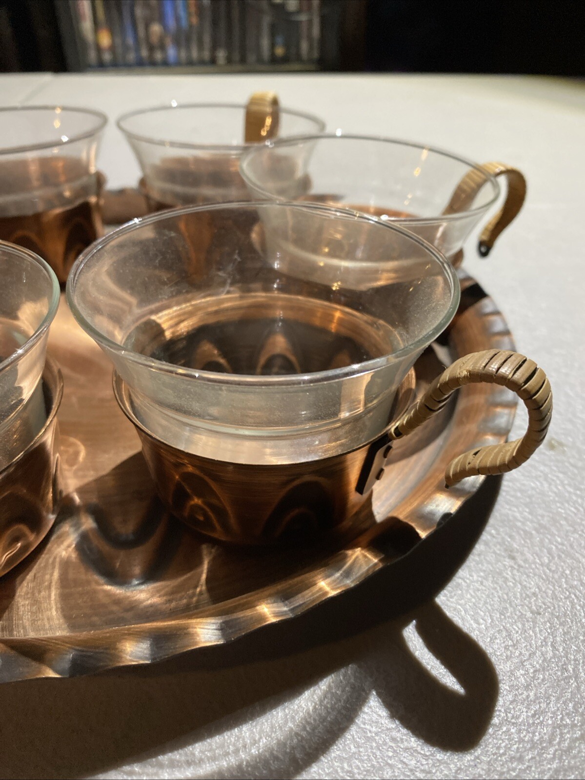 Set of 6, Ecrt Handarbeit  Copper & Glass Tea Cups with tray