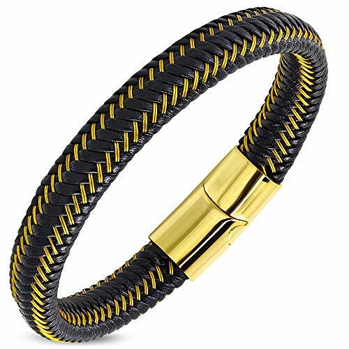 Bracciale in acciaio inox tono argento nero intrecciato in pelle, 8,5" - Foto 1 di 7