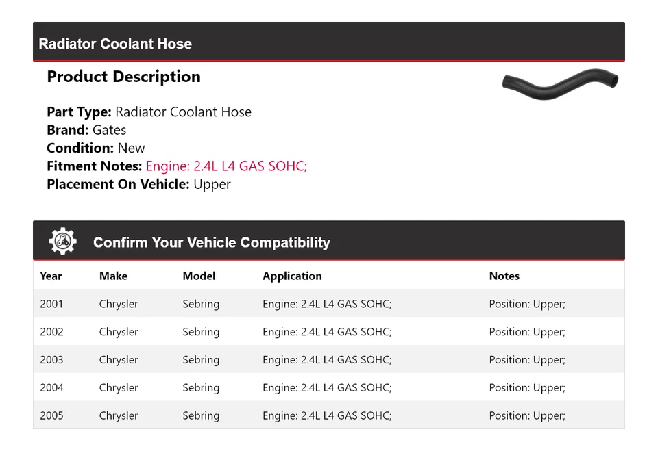 Manguera de refrigerante de radiador para Chrysler Sebring 2001-2005 puertas superiores 2002 2003 2004 Foto 2 de 4