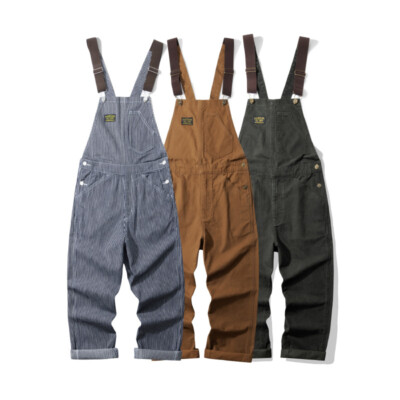 Men Outdoor Canvas Logger Pants Amekaji Overalls Railroad Stripe High Back Pants