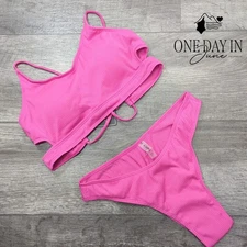 Zaful Lace Up Back Ribbed Cheeky Bikini Swimsuit Size S