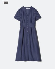 UNIQLO Linen Blend V-Neck Dress | Striped Japan NEW