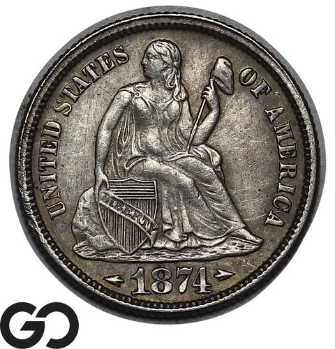 1874 Seated Liberty Dime w/ Arrows, Choice Uncirculated++ Tough Type Coin