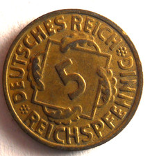 1925 G WEIMAR GERMANY 5 REICHSPFENNIG - AU -  RARE VINTAGE COIN - Lot #B13