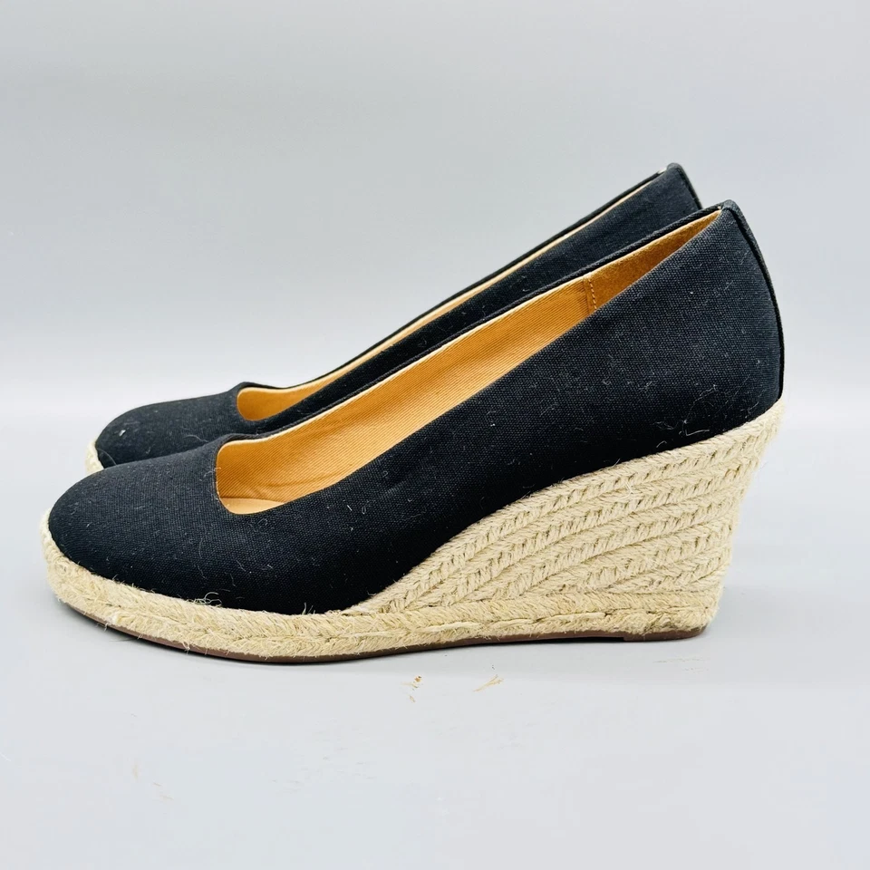 J Crew Zapatos Mujer 7 Negro Alpargata Cuña Sin Cordones Lona Plataforma Verano NUEVO Foto 4 de 4