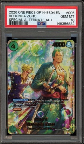 One Piece CCG Roronoa Zoro OP14-EB04 Special Alternate Art PRB02-006 PSA 10