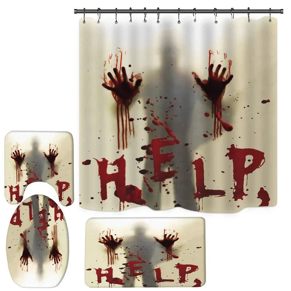 Gag Gift Halloween Shower Curtain Set Bloody Handprint Theme  Rugs Included