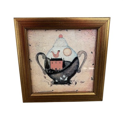 Framed Folk Art Print Unisex Small Gold Teapot House Chicken Decor