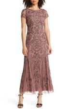 Pisarro Nights Beaded Mesh Midi Cocktail Dress SZ 6 Dark Mauve