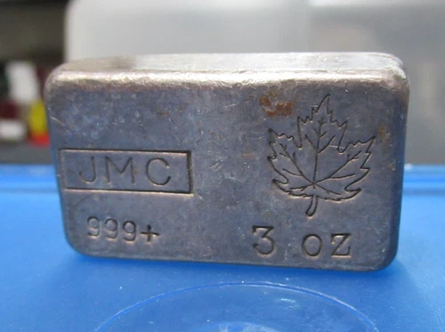 3 oz JMC Maple Leaf Johnson Matthey Canada Poured Vintage Silver Bar