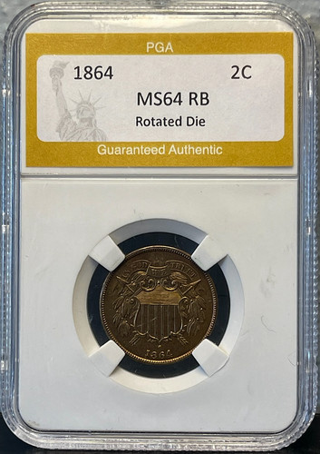 1864 Two Cent Piece HIGH Grade RB MS-90 degree Rotated Die-Light Toning!