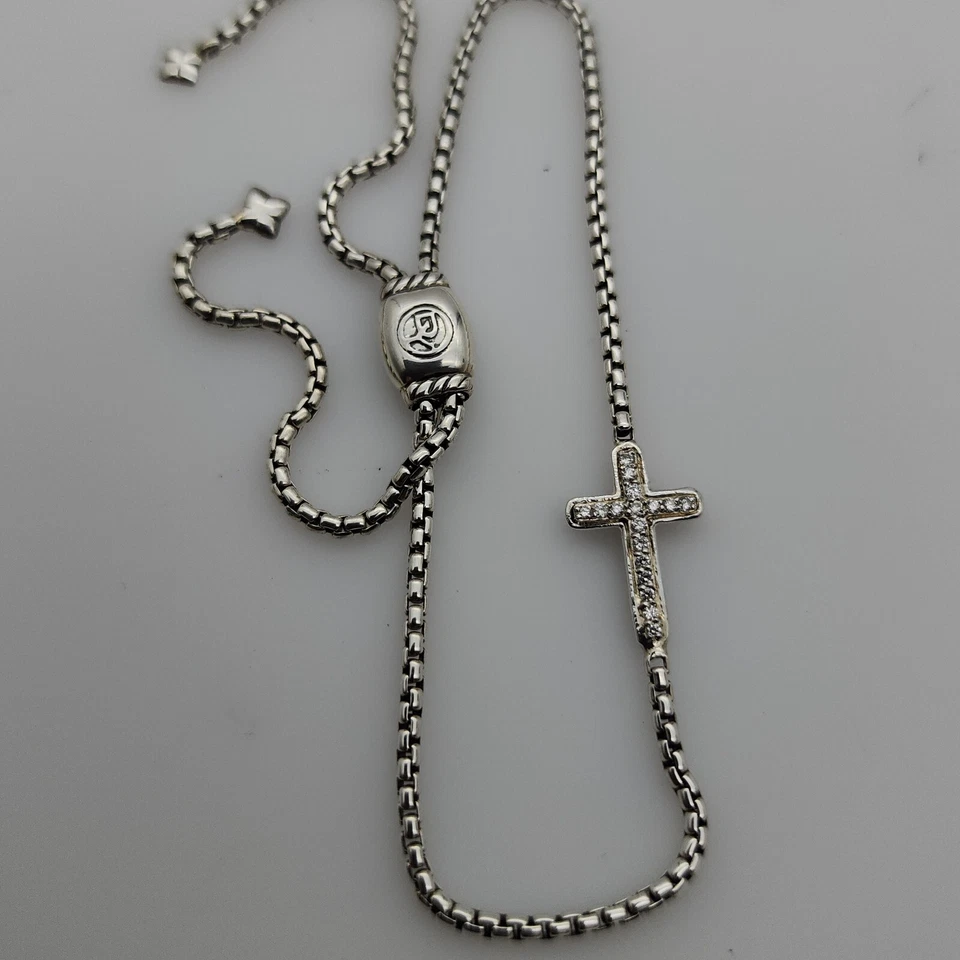 David Yurman 纯银可调节盒链式手链 带钻石十字架 — 第 2/4 张图片