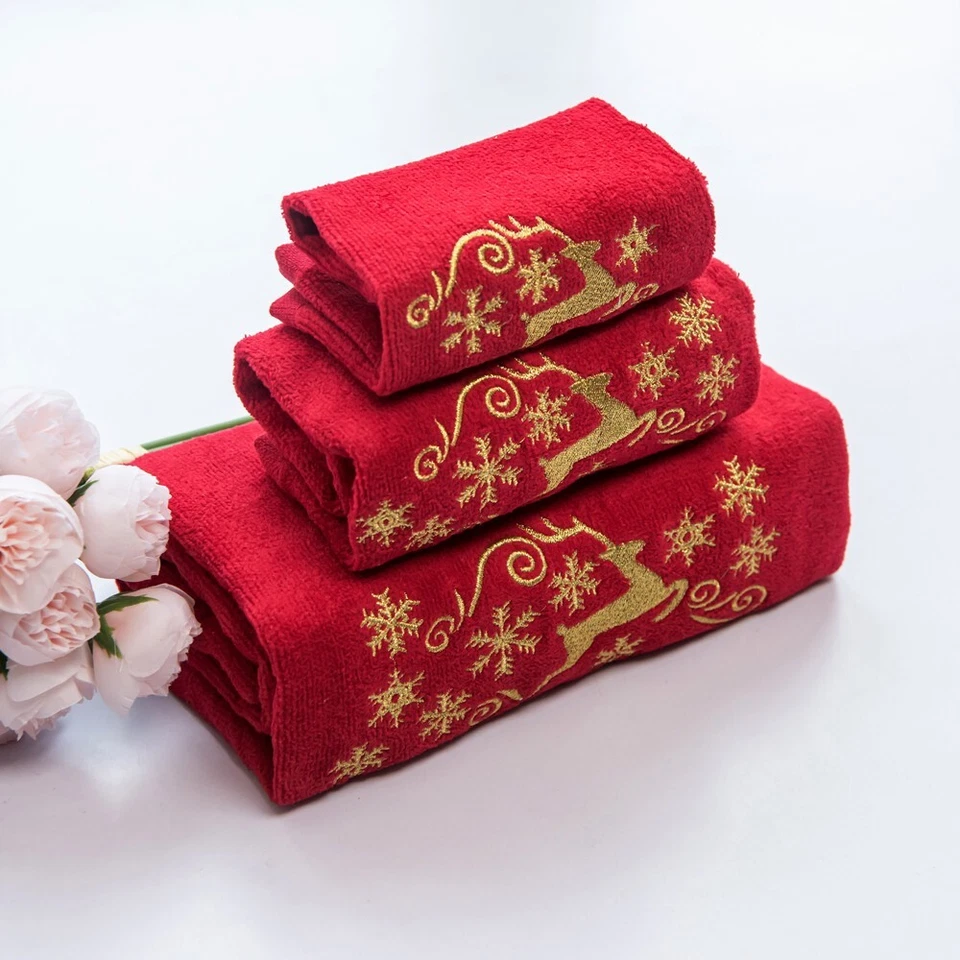 Juego de toallas de baño de Navidad 100 % algodón bordado Navidad 3 piezas, ciervo dorado Foto 4 de 4