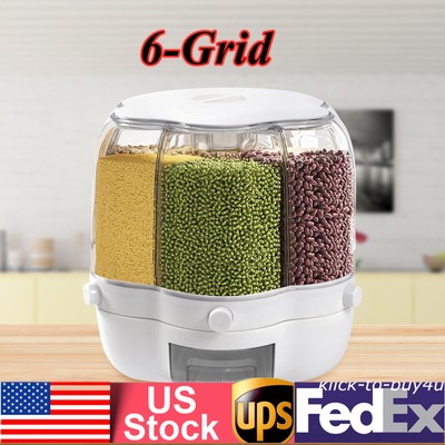 6-Grid Dry Food Dispenser Kitchen Rotating Rice Flour Sugar Grain Storage Bucket