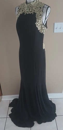 Vestido largo Betsy & Adam negro dorado espalda transparente talla 12 formal sin mangas - Imagen 12 de 21