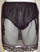 BLACK Sheer Nylon SLIP POCKET HIPSTER PANTY w GARTERS  26-42 Waist Slip 18"