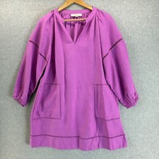 LOFT  Purple Cutout Linen Blend Pocket Dress Tunic Womens Medium 3/4 Puff Sleeve