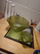 Vintage Mid Century Avocado Satin Green Glass Bowl Chip&Dip Set