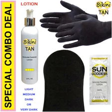 BIKINI TAN - Sunless Self Tanning Lotion - 8 oz + Mitt, Gloves & Tanner (Best)*