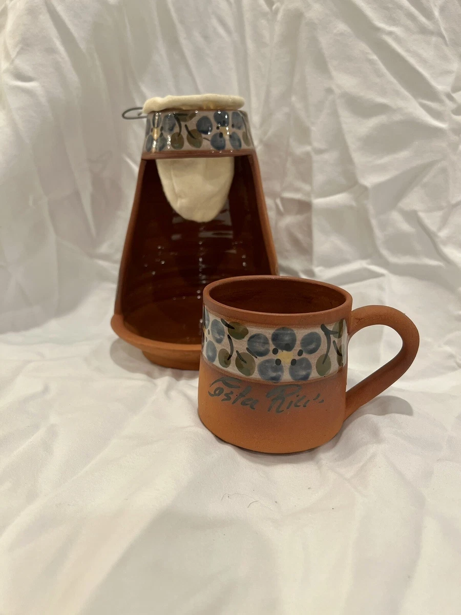 Costa Rican Red Clay Pour Over Coffee Maker And Mug Blue Green Details  Glazed