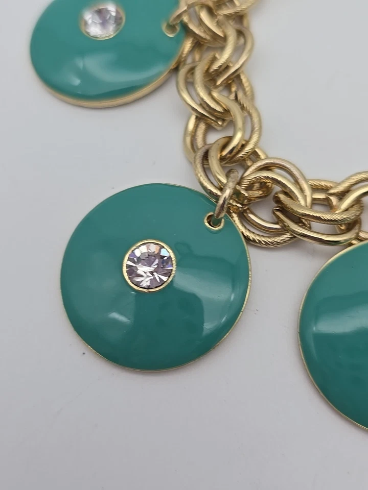 Brazalete de palanca de diamantes de imitación blancos cuelga disco dorado y azul verdoso Foto 3 de 4