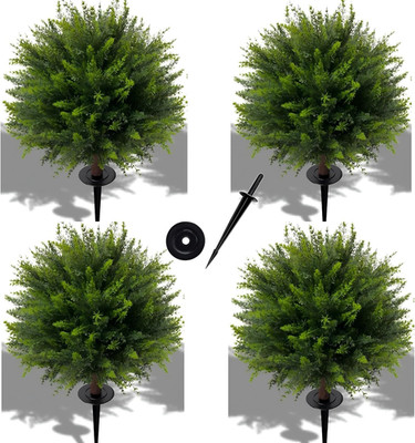 24.5 Inch (H) Artificial Cedar Topiary Ball Trees, Set of 4 Fake Shrub Bushes wi