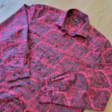 Barry Wang Long Sleeve Shirt 3XL Floral Red Black Metallic Shiny Silk Button Up
