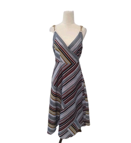 Ohvivi Size M Maxi Wrap Dress Grey Brown Sleeveless Striped