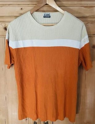 ICEBERG JEANS Strick T-Shirt Rippen-Feinstrick Orange Creme Weiß Gr. M-L Top! - Bild 1 von 3