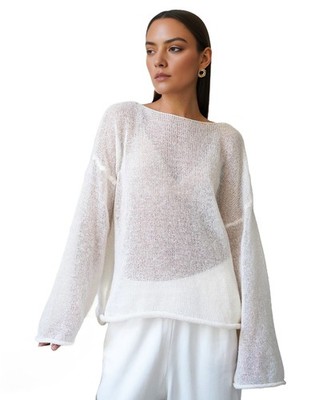 Damen Oversize Langarm Transparent Mesh Strickpullover Tops Y2K  Locker Aus3438