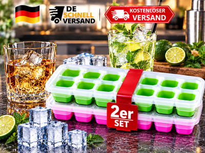 2x Eiswürfelform 14-Fach Silikon mit Deckel Eiswürfelbehälter Ice Tray Eis Cube