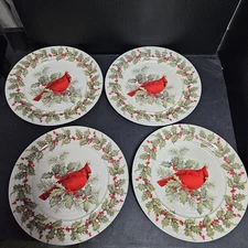 Cracker Barrel Set 4 Cardinal Plaid Tidings Salad Plates 8-1/4” Christmas Holly