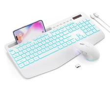 Wireless Keyboard and Mouse Combo with Backlit, Wrist Rest, Phone Holder, White