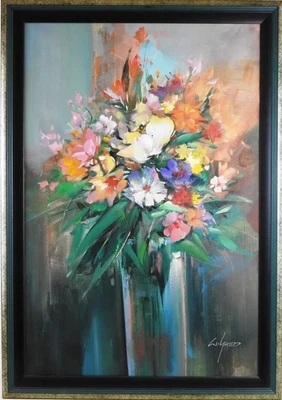 WILFRED (né en 1954)Bouquet de fleurs sur fond vert huile sur toile - Photo 1/4