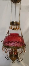Antique Hanging Oil Lamp Electrified Hard Wire Cranberry Glass Shade